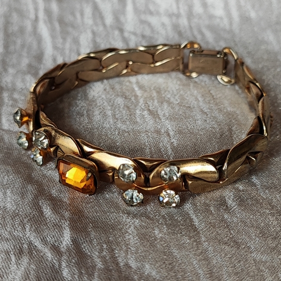 Vintage Gold Tone Signed KAFIN NEW YORK Link Bracelet Prong Set Topaz Citrine - Picture 3 of 16